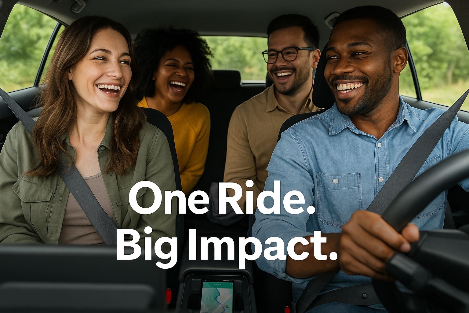 Four diverse adults smiling and laughing together in a car, using the ZipTix carpooling app, with greenery outside the windows and the text “One Ride. Big Impact.” displayed on the image.